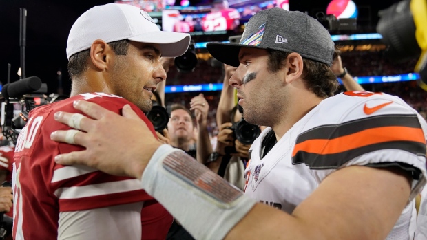 San Francisco quarterback Jimmy Garoppolo greets Browns QB Baker Mayfield after Monday's game.