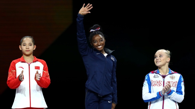 Simone Biles, Xijing Tang and Angelina Melnikova