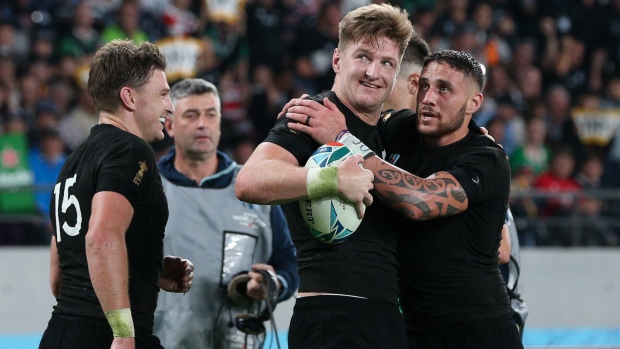 Jordie Barrett, All Blacks celebrate, Getty Images Jordie Barrett, All Blacks celebrate