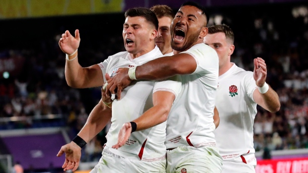 Manu Tuilagi, England rugby players celebrate, The Canadian Press Manu Tuilagi, England rugby players celebrate
