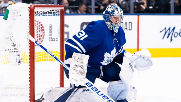 Canes 'goalie' Frederik Andersen shows off his handles during delayed  penalty