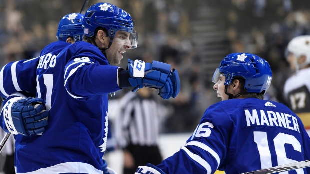 John Tavares celebrates his OT winner against Vegas on Thursday.