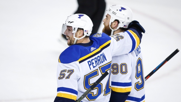 David Perron, left, celebrates his game-winning goal with teammate Ryan O'Reilly