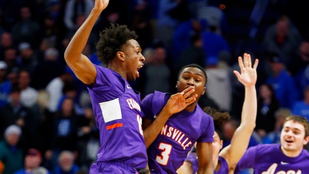 Evansville celebrates win over No. 1 Kentucky , The Canadian Press Evansville celebrates win over No. 1 Kentucky