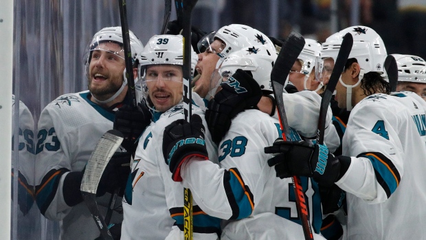 San Jose Sharks celebrate, The Canadian Press San Jose Sharks celebrate