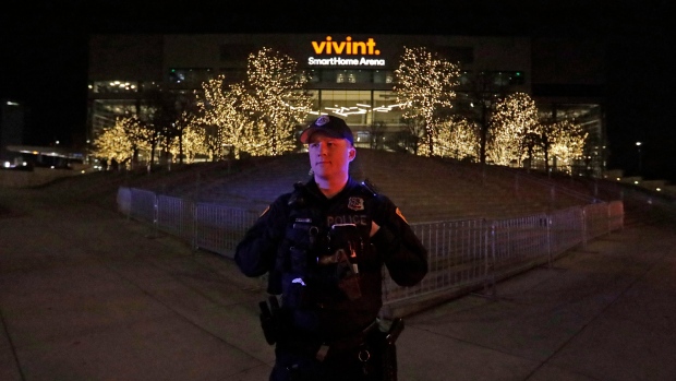 Police officer outside Utah Jazz Arena, The Canadian Press Police officer outside Utah Jazz Arena