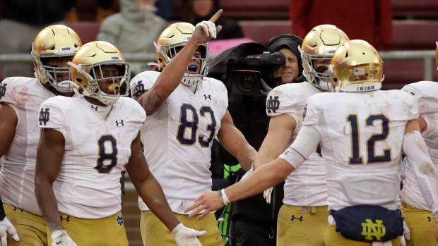 Notre Dame's Chase Claypool (83) celebrates, The Canadian Press Notre Dame's Chase Claypool (83) celebrates