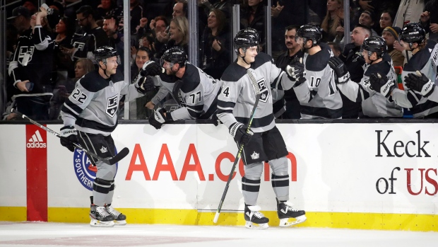 Los Angeles Kings' Nikolai Prokhorkin, right front, celebrates with teammates 