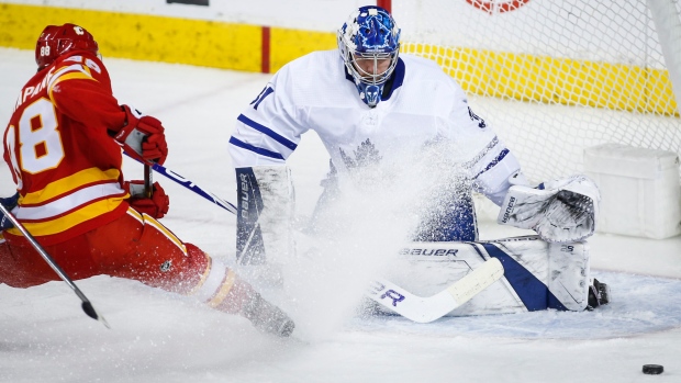 Leafs goalie Frederik Andersen follows the puck Thursday against Calgary.