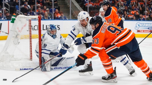 Ryan Nugent-Hopkins shoots on Frederik Andersen, The Canadian Press Ryan Nugent-Hopkins shoots on Frederik Andersen