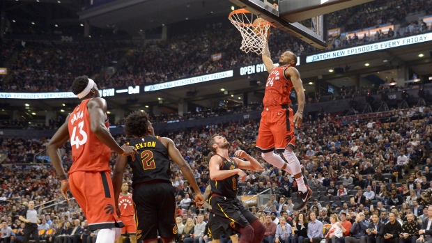 Raptors guard Norman Powell slam dunks against Cleveland on Monday.