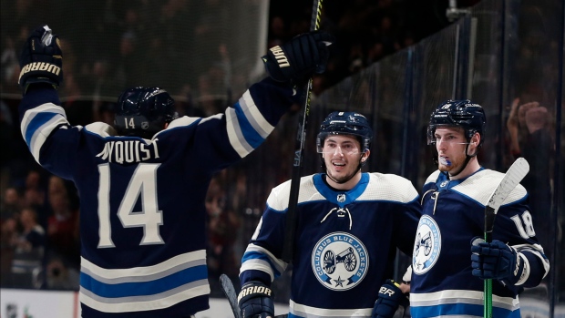 Pierre-Luc Dubois and Blue Jackets Celebrate 