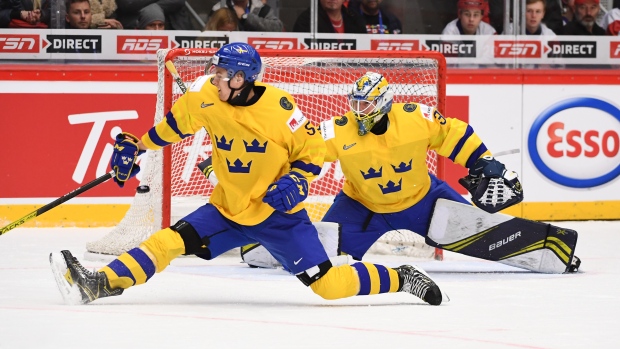 Sweden’s Philip Broberg and Hugo Alnefelt, Matt Zambonin/HHOF-IIHF Images Sweden’s Philip Broberg and Hugo Alnefelt