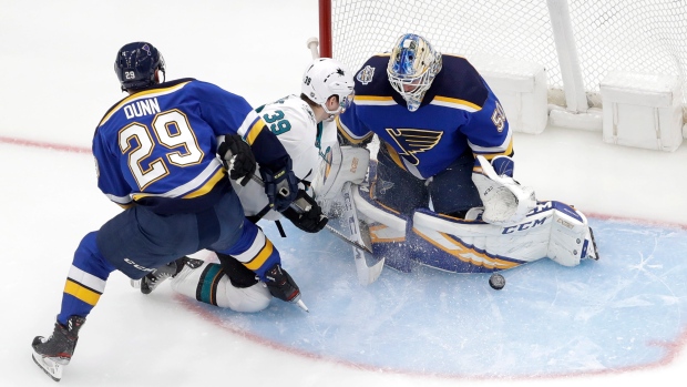  Jordan Binnington, Vince Dunn and Logan Couture