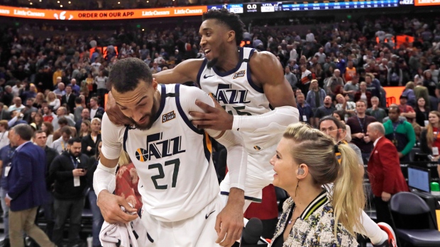Rudy Gobert and Donnovan Mitchell celebrate 