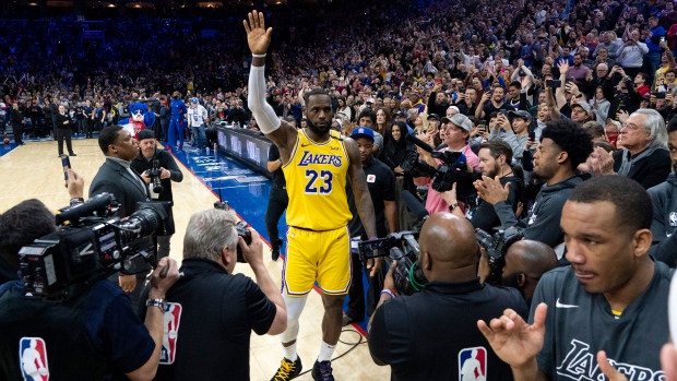 LeBron James (23) reacts after moving to No. 3 on the NBA's career scoring list