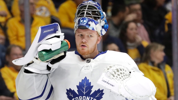 Frederik Andersen takes a break during Monday's game in Nashville.