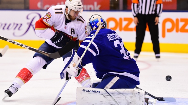 Panthers winger Jonathan Huberdeau scores on Leafs goalie Michael Hutchinson.