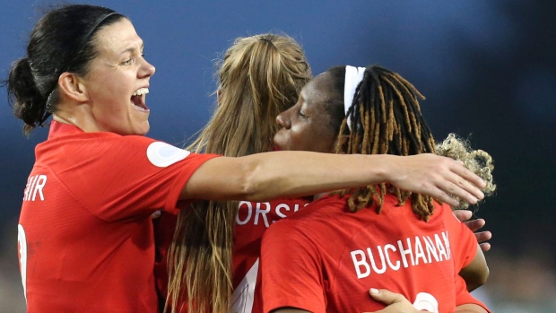 Christine Sinclair Shelina Zadorsky Kadeisha Buchanan, The Canadian Press Christine Sinclair Shelina Zadorsky Kadeisha Buchanan