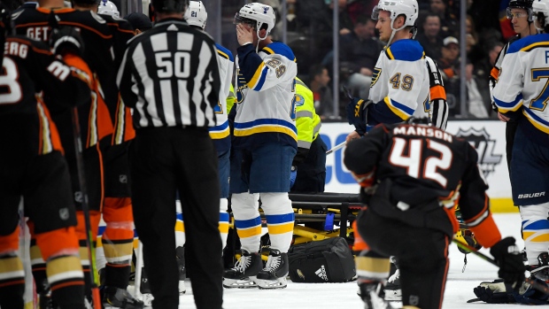 Ducks-Blues stops after Jay Bouwmeester collapses , The Canadian Press Ducks-Blues stops after Jay Bouwmeester collapses