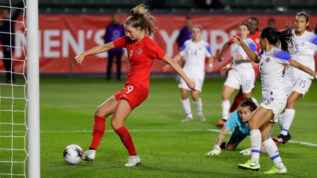 Jordyn Huitema scores against Costa Rica