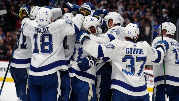 Tampa Bay Lightning celebrate Nikita Kucherov goal