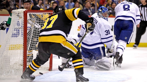 Penguins captain Sidney Crosby scores on Leafs goalie Frederik Andersen on Tuesday., The Canadian Press Penguins captain Sidney Crosby scores on Leafs goalie Frederik Andersen on Tuesday.