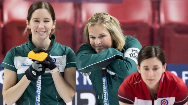 Skip Jennifer Jones, centre, and third Kaitlyn Lawes look on during Wednesday competition., The Canadian Press Skip Jennifer Jones, centre, and third Kaitlyn Lawes look on during Wednesday competition.