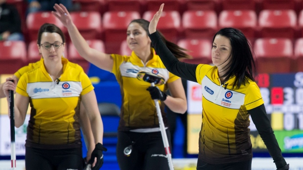 Team Manitoba skip Kerri Einarson, right, and her teammates celebrate their win Thursday., The Canadian Press Team Manitoba skip Kerri Einarson, right, and her teammates celebrate their win Thursday.