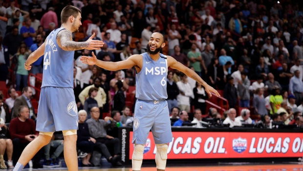 Jordan McLaughlin (6) and forward Juancho Hernangomez (41) celebrate, The Canadian Press Jordan McLaughlin (6) and forward Juancho Hernangomez (41) celebrate