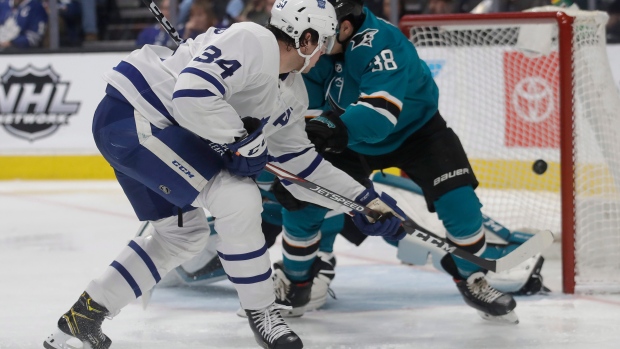 Auston Matthews scores a goal against the San Jose Sharks on Tuesday., The Canadian Press Auston Matthews scores a goal against the San Jose Sharks on Tuesday.