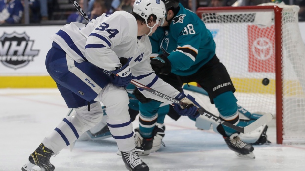 Auston Matthews scores a goal against the San Jose Sharks on Tuesday.