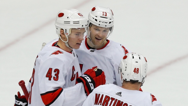 Morgan Geekie, Warren Foegele, Jordan Martinook , The Canadian Press Morgan Geekie, Warren Foegele, Jordan Martinook