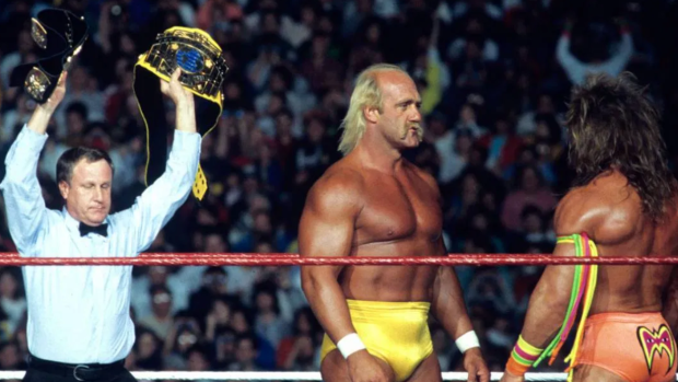 Earl Hebner, Hulk Hogan and the Ultimate Warrior at WrestleMania VI