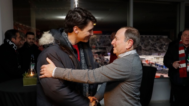  Prime Minister of Canada Justin Trudeau greets NHL Commissioner Gary Bettman