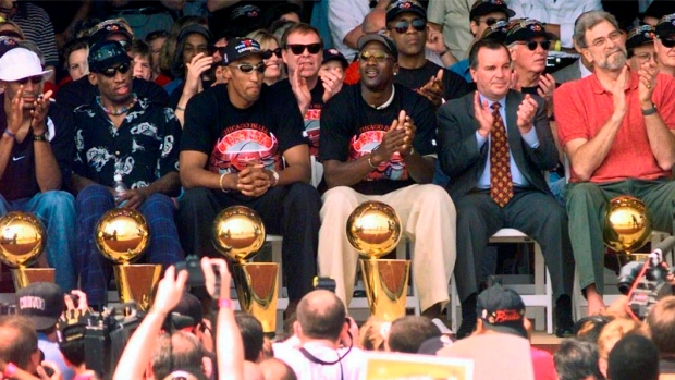1997 Chicago Bulls celebrate, The Canadian Press 1997 Chicago Bulls celebrate