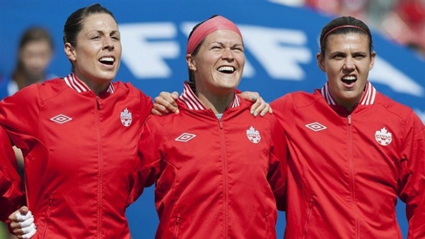 Emily Zurrer, Erin McLeod and Christine Sinclair