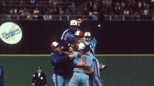 Expos celebrate 1981 NLDS Game 5 victory
