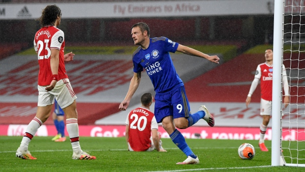 Jamie Vardy scores , The Canadian Press Jamie Vardy scores