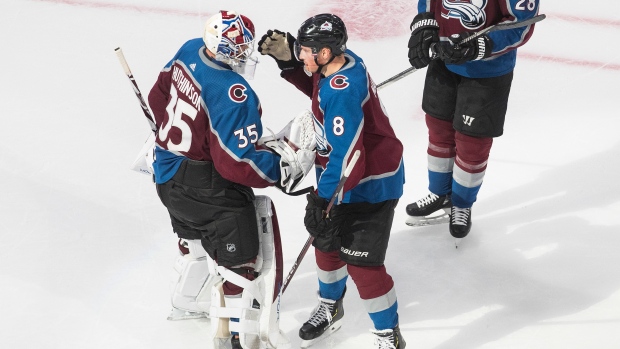 Colorado Avalanche's Michael Hutchinson and Cale Makar