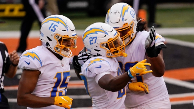 Joshua Kelley, Chargers celebrate