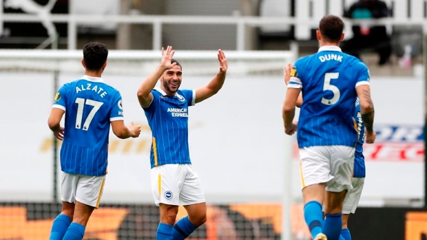 Brighton's Neal Maupay celebrates with teammates , The Canadian Press Brighton's Neal Maupay celebrates with teammates