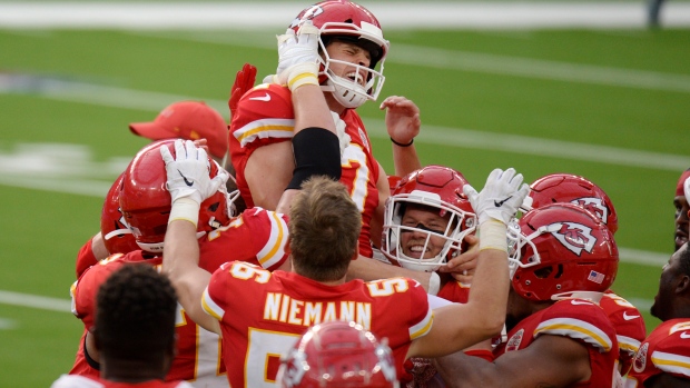 Harrison Butker, Chiefs celebrate, The Canadian Press Harrison Butker, Chiefs celebrate