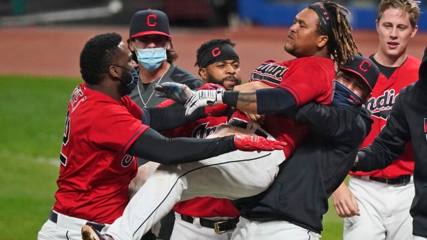 Jose Ramirez, Cleveland players celebrate
