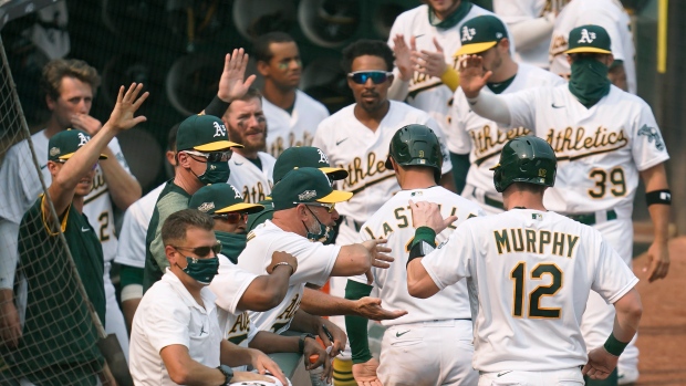 Oakland Athletics celebrate, The Canadian Press Oakland Athletics celebrate