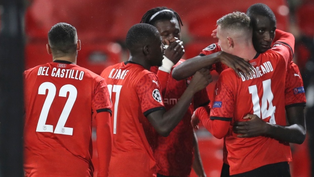 Rennes players celebrate Serhou Guirassy