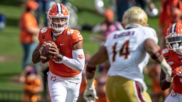 Clemson quarterback D.J. Uiagalelei (5) passes against Boston College