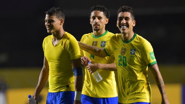 Brazil's Roberto Firmino, right, Marquinhos, center, and Thiago Silva celebrate, The Canadian Press Brazil's Roberto Firmino, right, Marquinhos, center, and Thiago Silva celebrate