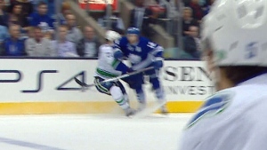 Cross-ice view of Stephane Robidas and Shawn Matthias