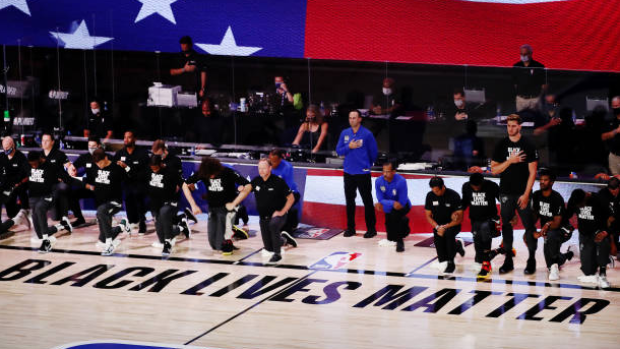 NBA players during anthem, Getty Images NBA players during anthem